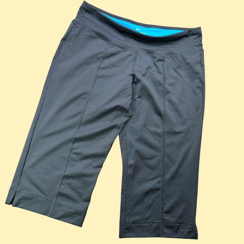 Nike Dri Fit Crop Running Pants Women S Black Blue Waistband Capri Leggings